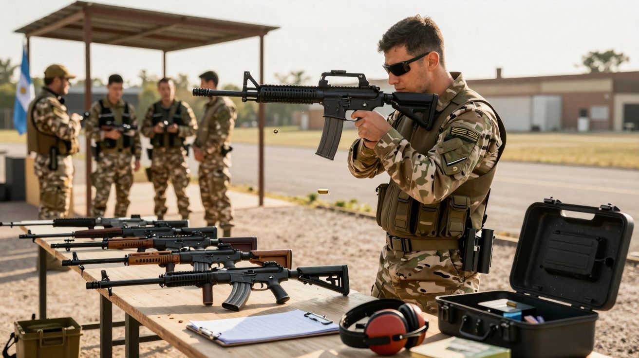 Soldado em uniforme camuflado usa arma numa área de treino com várias armas sobre uma mesa e outros soldados ao fundo.