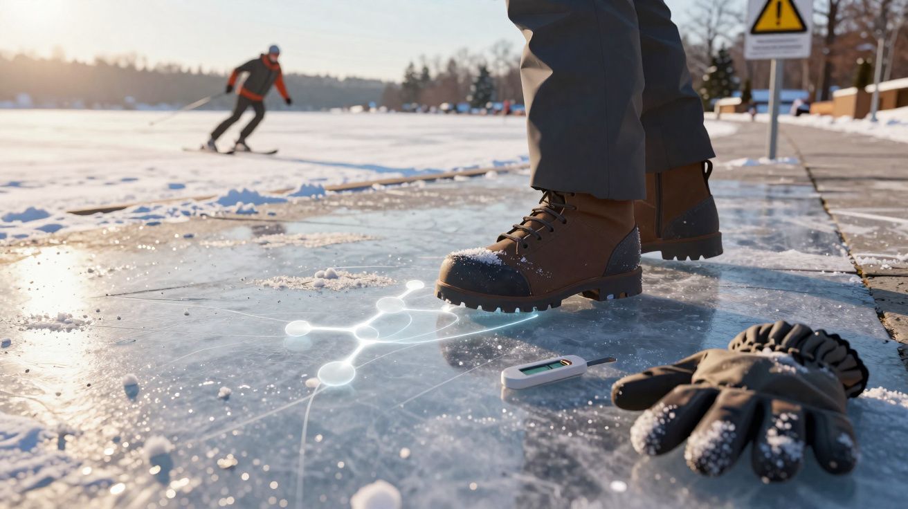 Pessoa com botas castanhas sobre gelo, luvas e dispositivo ao lado, skater no fundo em ambiente nevado.