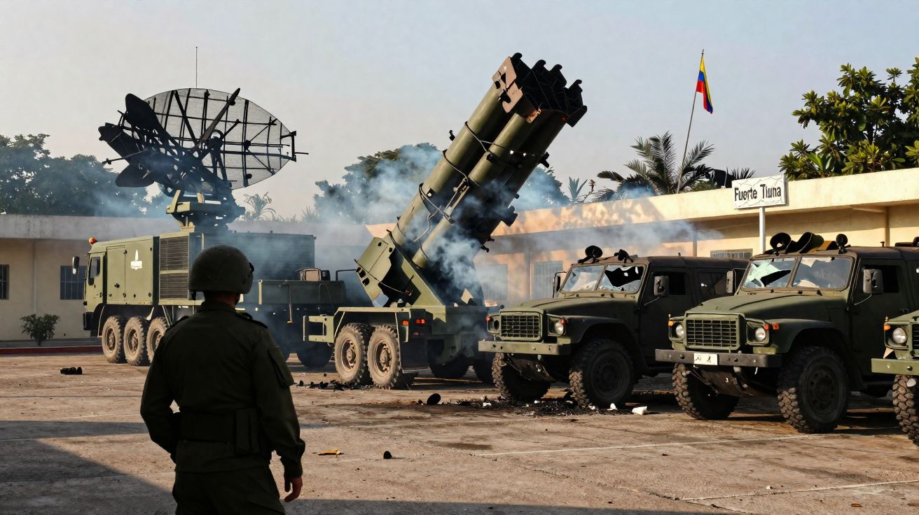 Soldado observa veículos militares e lançador de mísseis em base com antena e bandeira do Equador.