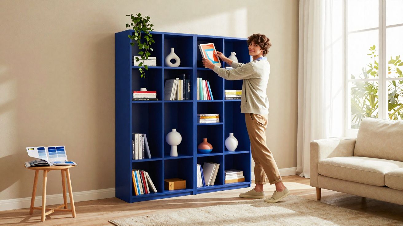 Pessoa a arrumar livros numa estante azul numa sala com sofá, mesa pequena e luz natural a entrar pela janela.