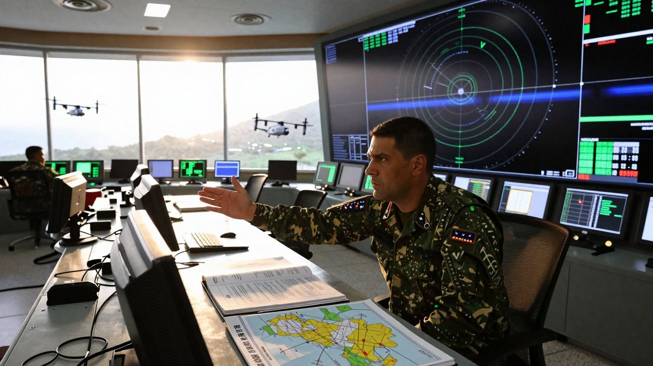 Homem em uniforme militar gesticula numa sala de controlo com múltiplos monitores e drones a voar visíveis pela janela.