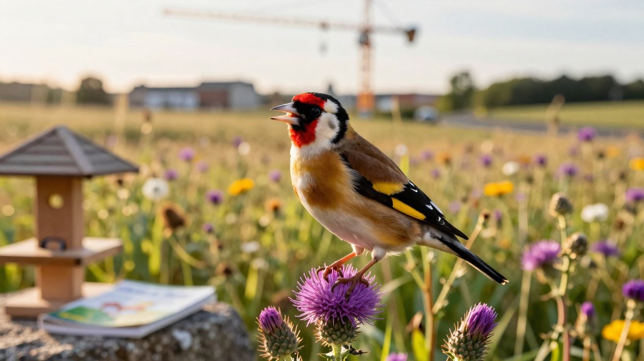 Pintassilgo com penas coloridas pousado numa flor roxa num campo florido com estrutura de alimentação para aves.