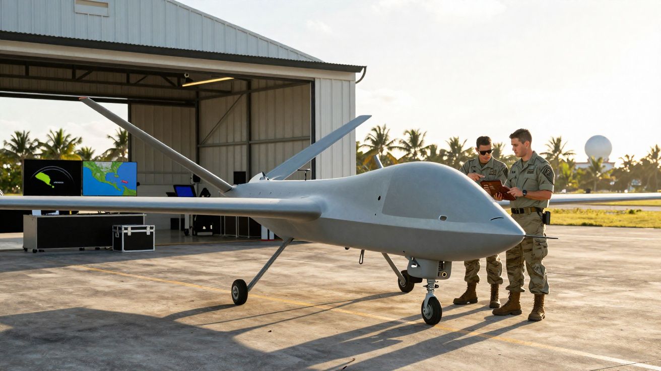Drone militar cinzento estacionado em hangar, com dois soldados a consultar documentos ao lado.