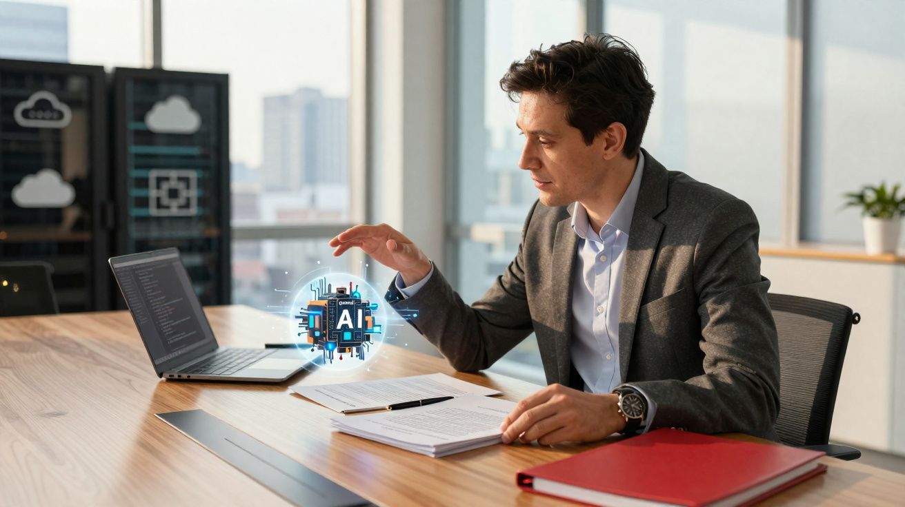 Homem de negócios sentado à mesa com laptop e projeção digital de inteligência artificial (IA) flutuante.