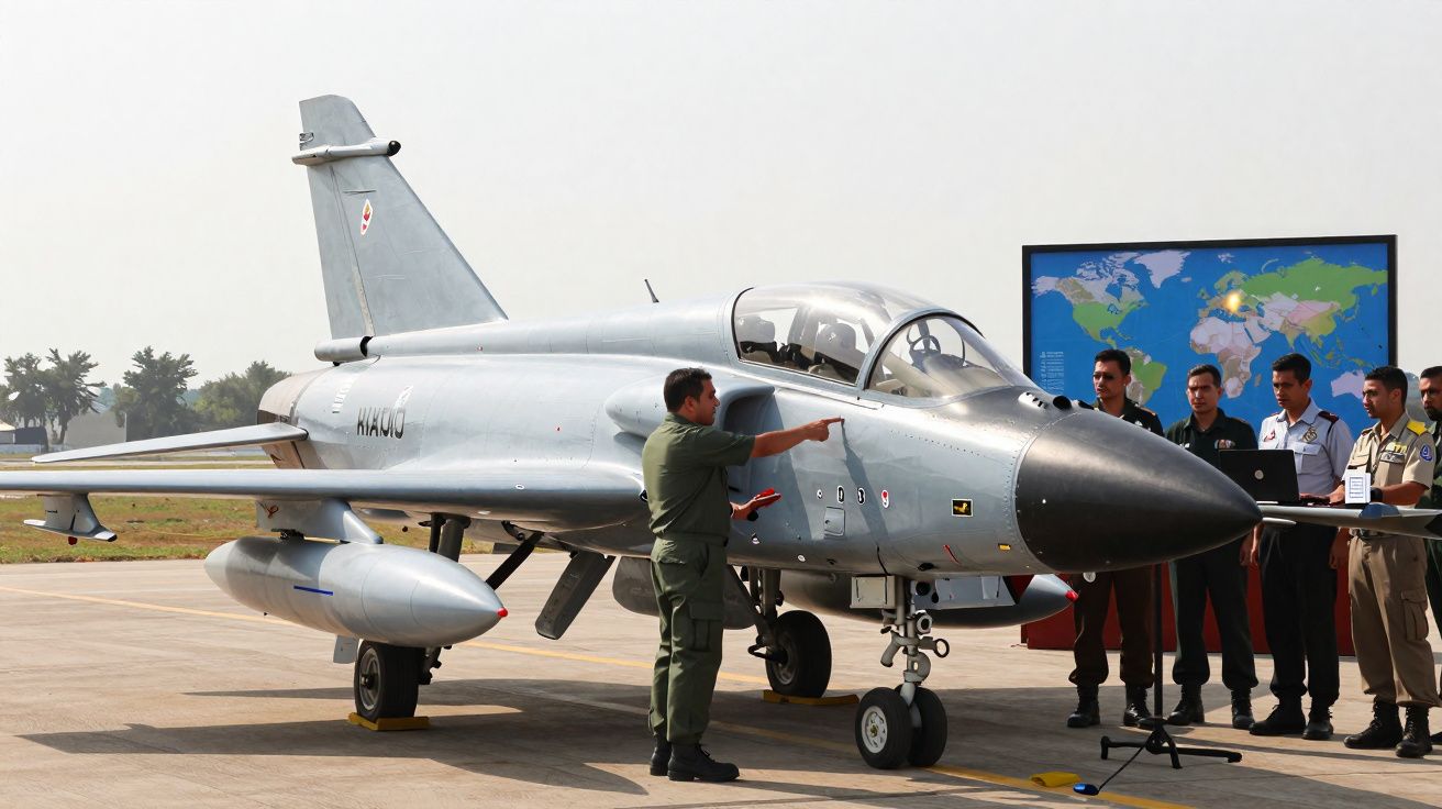 Caça militar estacionado, com piloto e grupo de militares em formação junto a ecrã com mapa-múndi.