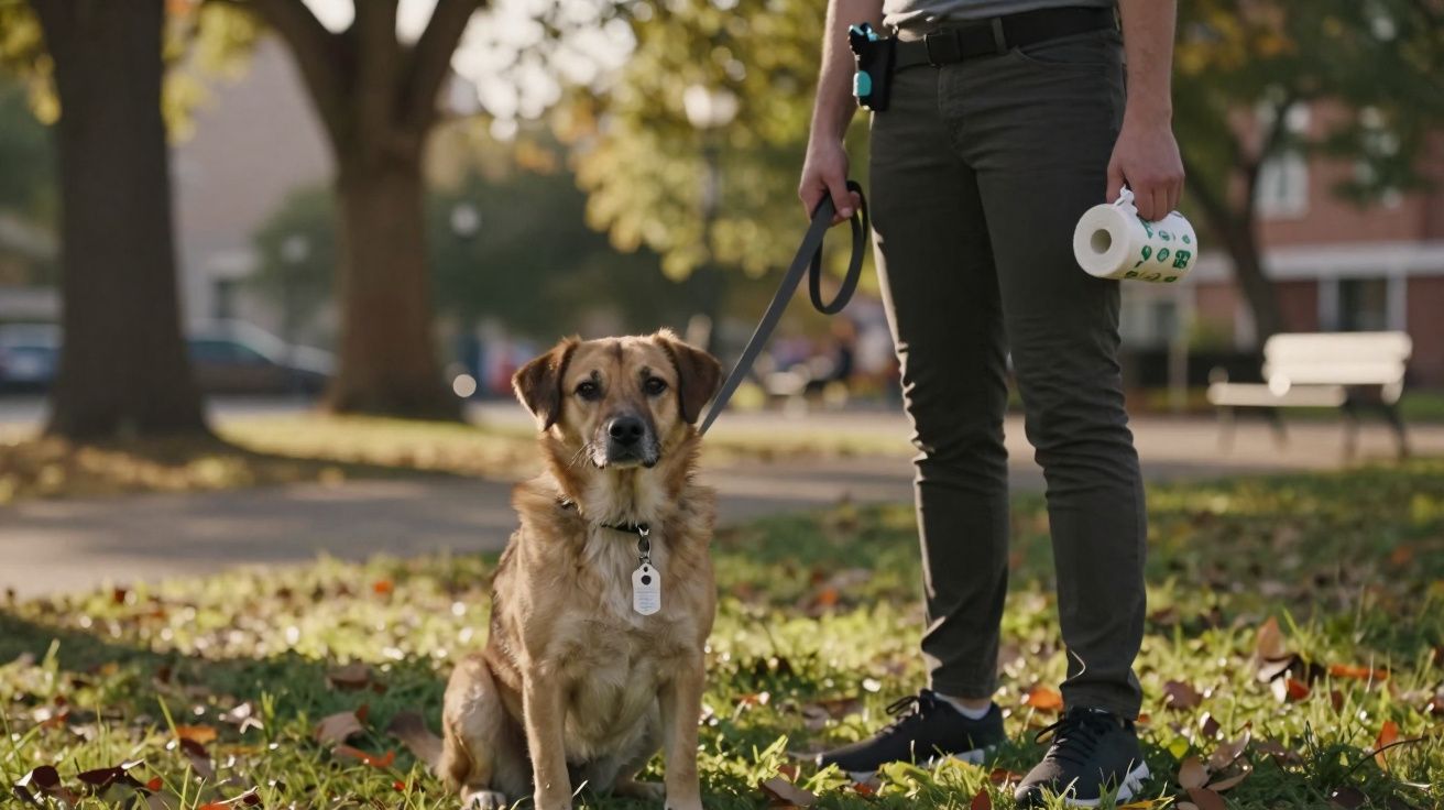 Cão sentado na relva junto a pessoa segurando trela e sacos para dejetos num parque urbano.