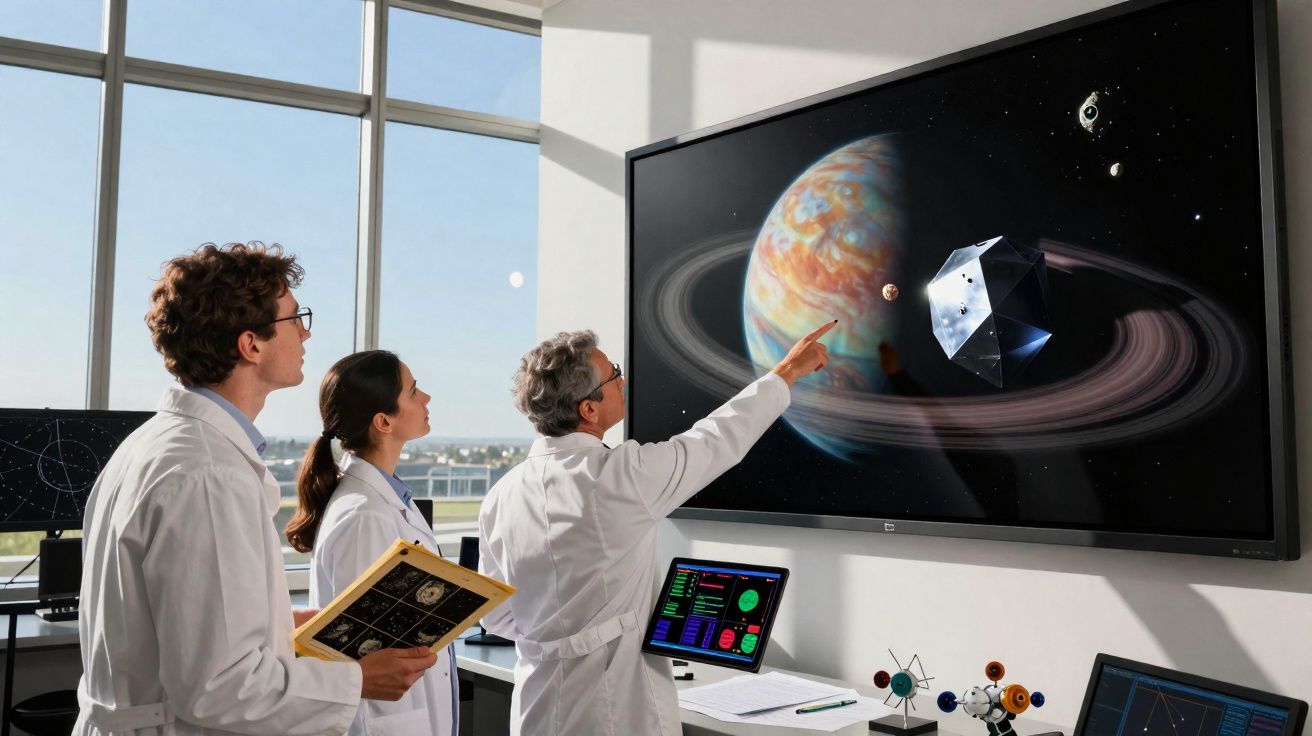 Três cientistas analisam imagens do sistema solar e de um satélite numa grande tela num laboratório luminoso.