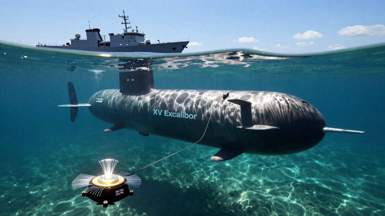 Submarino XV Excalibur submerso com veículo robótico ligado e navio de guerra na superfície do mar.