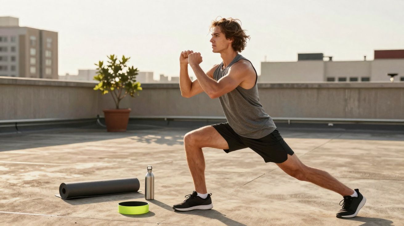 Homem a fazer exercício de alongamento num terraço com tapete, garrafa e fita elástica no chão.