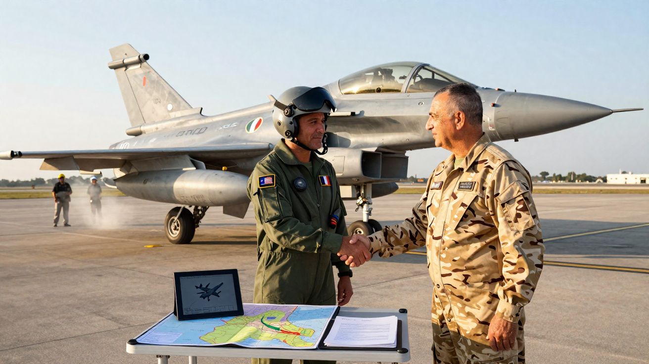 Piloto e oficial militar apertam as mãos diante de caça estacionado na pista com mapa sobre mesa à frente.