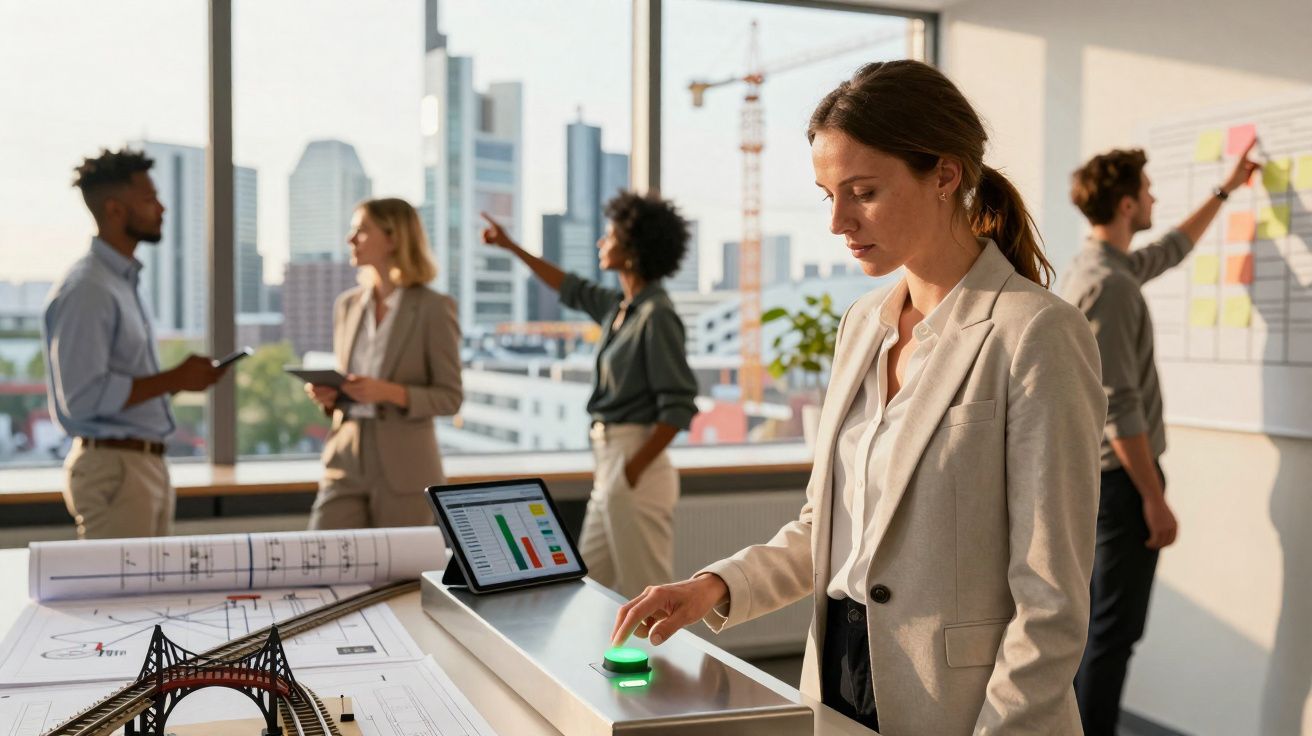 Mulher a trabalhar com botão verde numa mesa com maquete de ponte e planta arquitetónica, colegas ao fundo.