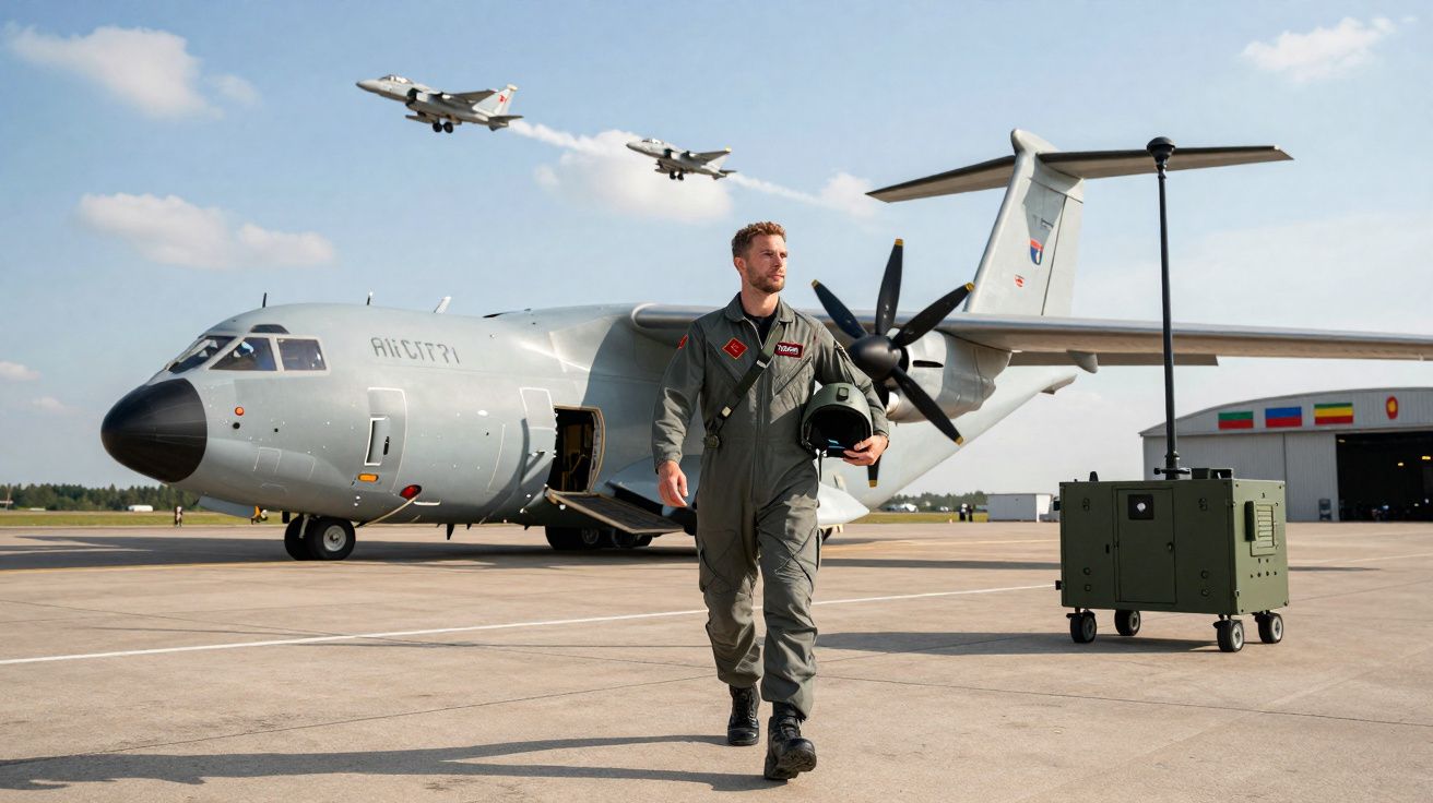 Piloto militar a caminhar junto a avião de transporte no aeroporto, com dois aviões de caça a sobrevoar.