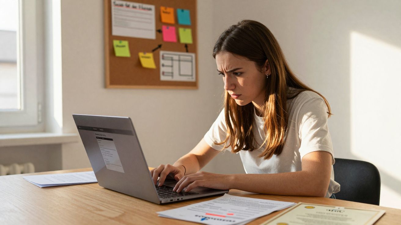 Mulher concentrada a trabalhar num portátil numa mesa com documentos e notas numa parede.