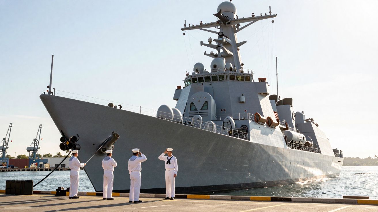 Quatro marinheiros em uniforme branco a saudar um grande navio de guerra cinzento atracado no cais.