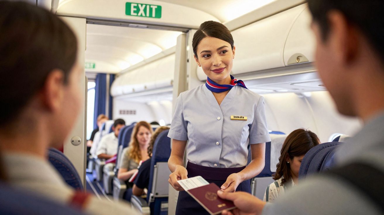 Comissária de bordo a verificar passaporte de passageiros dentro de avião.