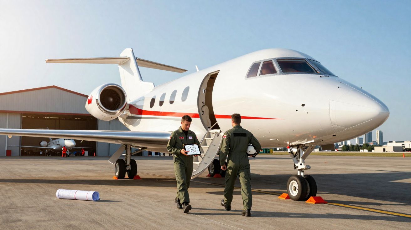 Dois pilotos em fato de voo junto a um jato privado no pátio de um aeroporto com hangar ao fundo.