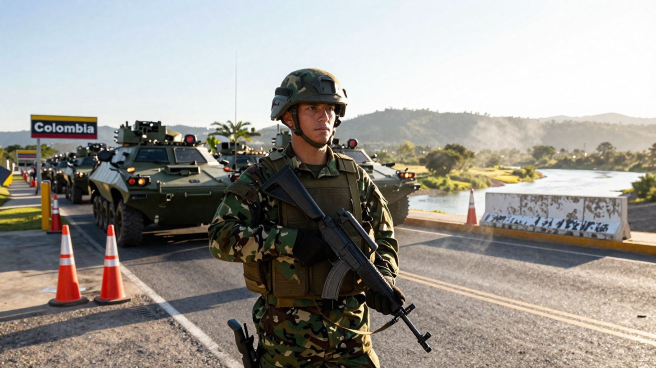 Soldado armado com uniforma camuflado numa ponte, veículos militares ao fundo e placa de Colombia.
