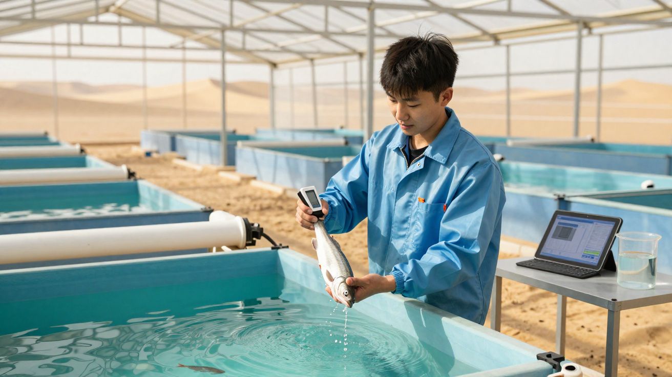 Homem em bata azul segura peixe e usa equipamento para medir no tanque de aquicultura coberto.