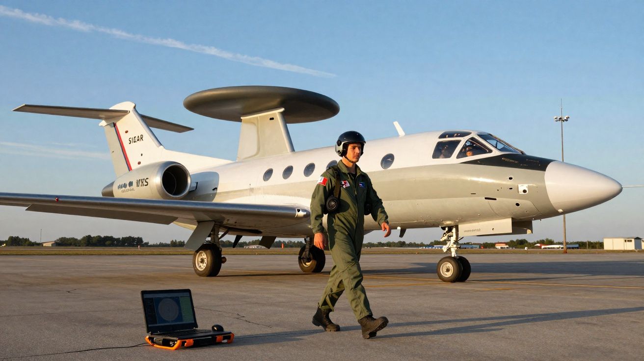 Avião de reconhecimento com radar aéreo estacionado no aeroporto e piloto a caminhar em traje de voo verde.