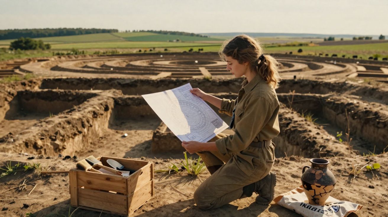 Mulher arqueóloga examina planta num sítio arqueológico ao ar livre com artefactos e ferramentas à volta.