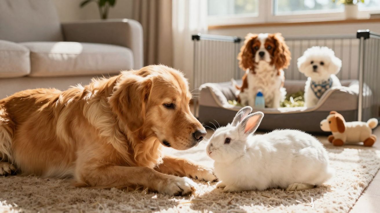 Cão dourado e coelho branco a olhar-se num tapete, com dois cães pequenos sentados numa cama ao fundo.