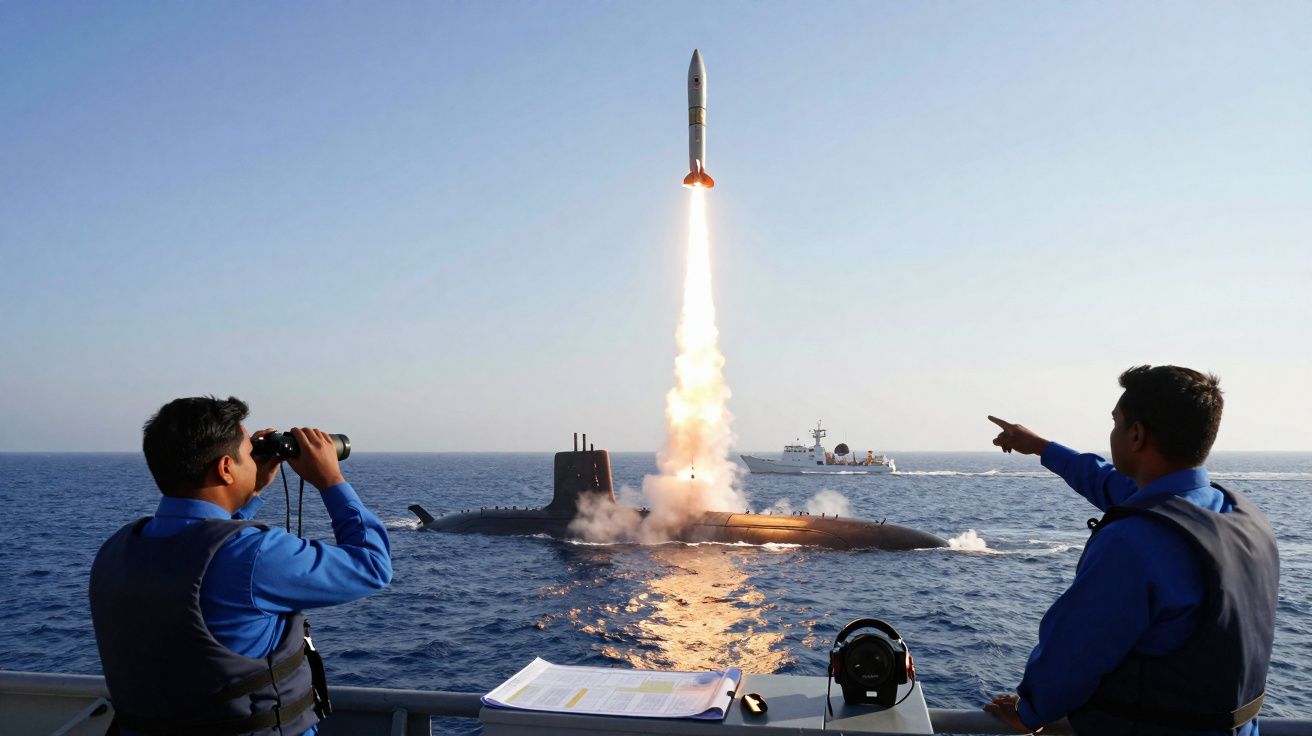 Foguete a ser lançado de submarino no mar, com dois homens a observar e barco ao fundo.