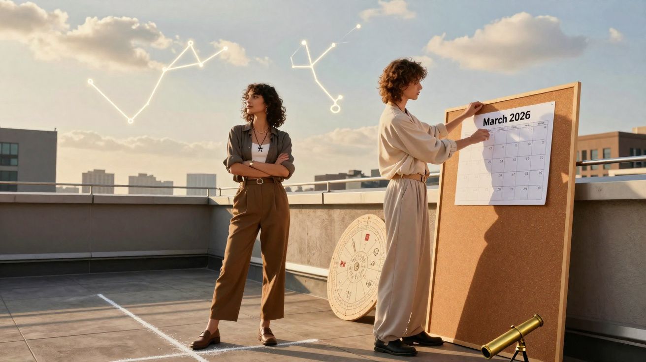 Duas pessoas num terraço com planisfério, telescópio e um calendário de março de 2026 ao pôr do sol.