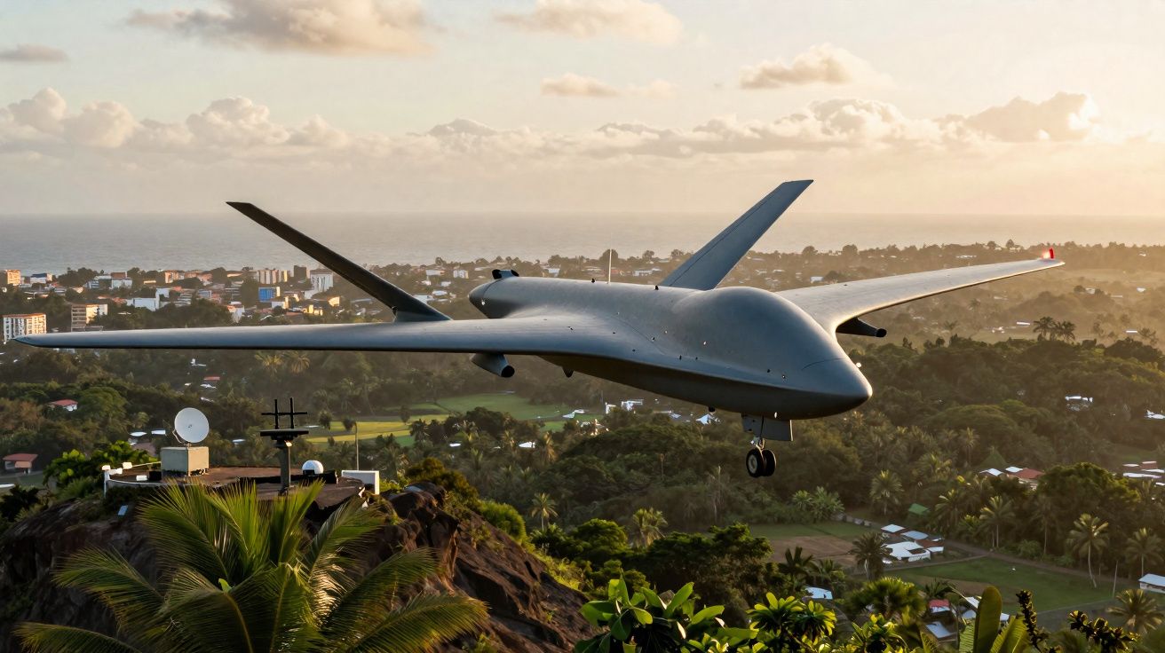 Drone militar cinzento a voar baixo sobre zona verde com cidade e mar ao fundo ao pôr do sol.