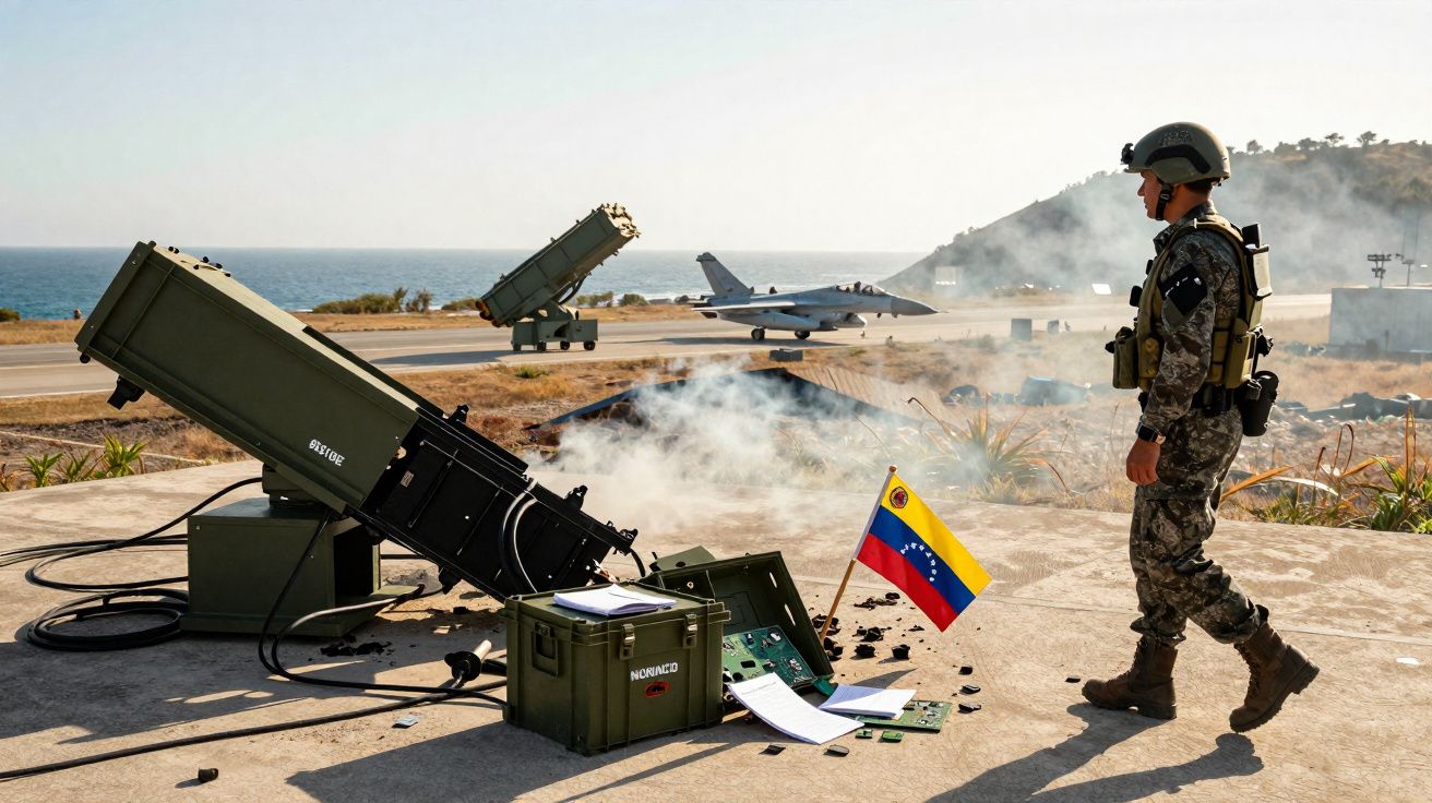 Soldado venezuelano em uniforme militar junto a equipamento bélico, bandeira da Venezuela e avião num aeroporto costeiro.