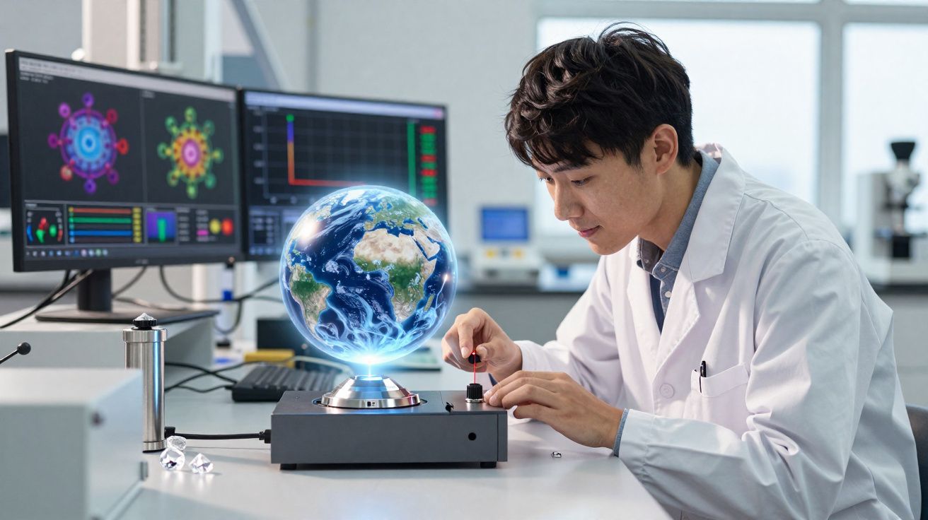 Cientista em laboratório a manipular dispositivo com globo terrestre holográfico e ecrãs de dados ao fundo.