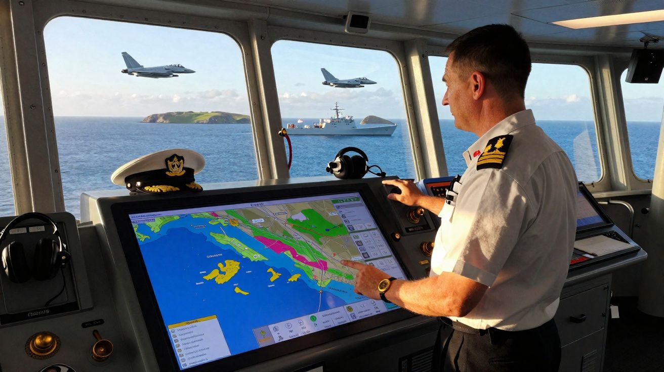 Oficial naval numa ponte de comando com um mapa digital, aviões e navio militar visíveis pelo vidro.
