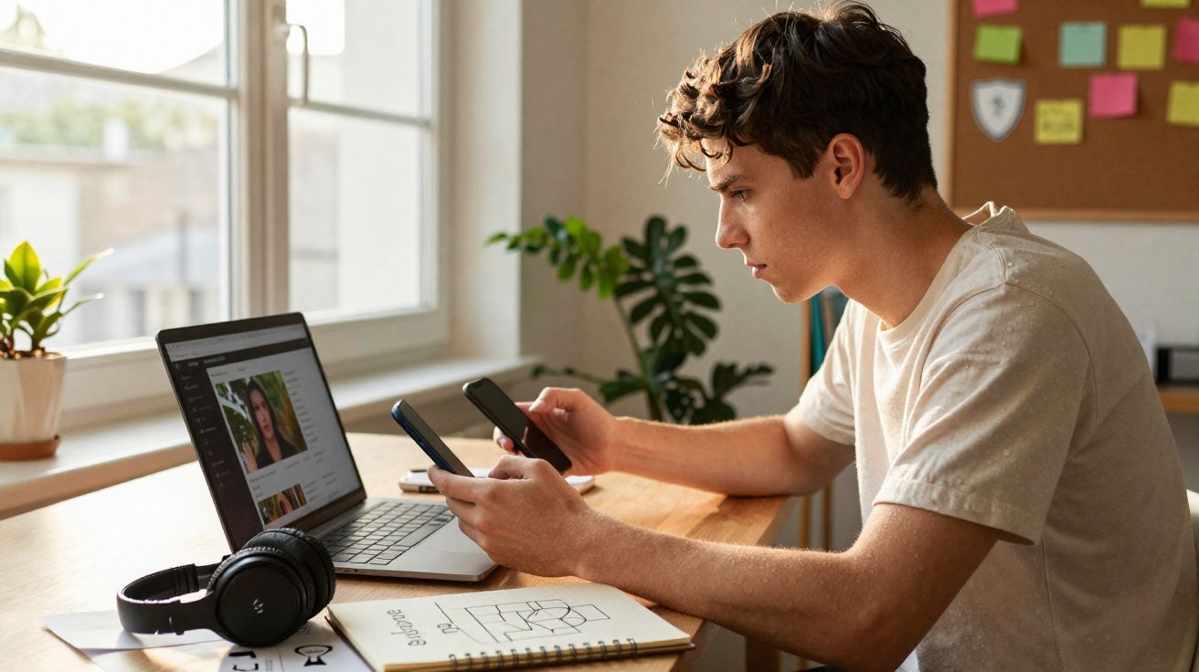 Jovem sentado à secretária, a usar dois telemóveis e computador portátil num ambiente luminoso de escritório.