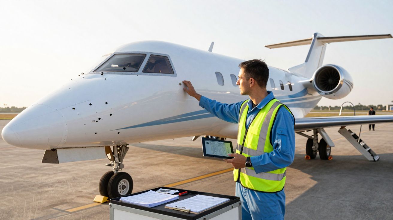Homem com colete refletor inspeciona a frente de um jato privado numa pista de aeroporto ao amanhecer.