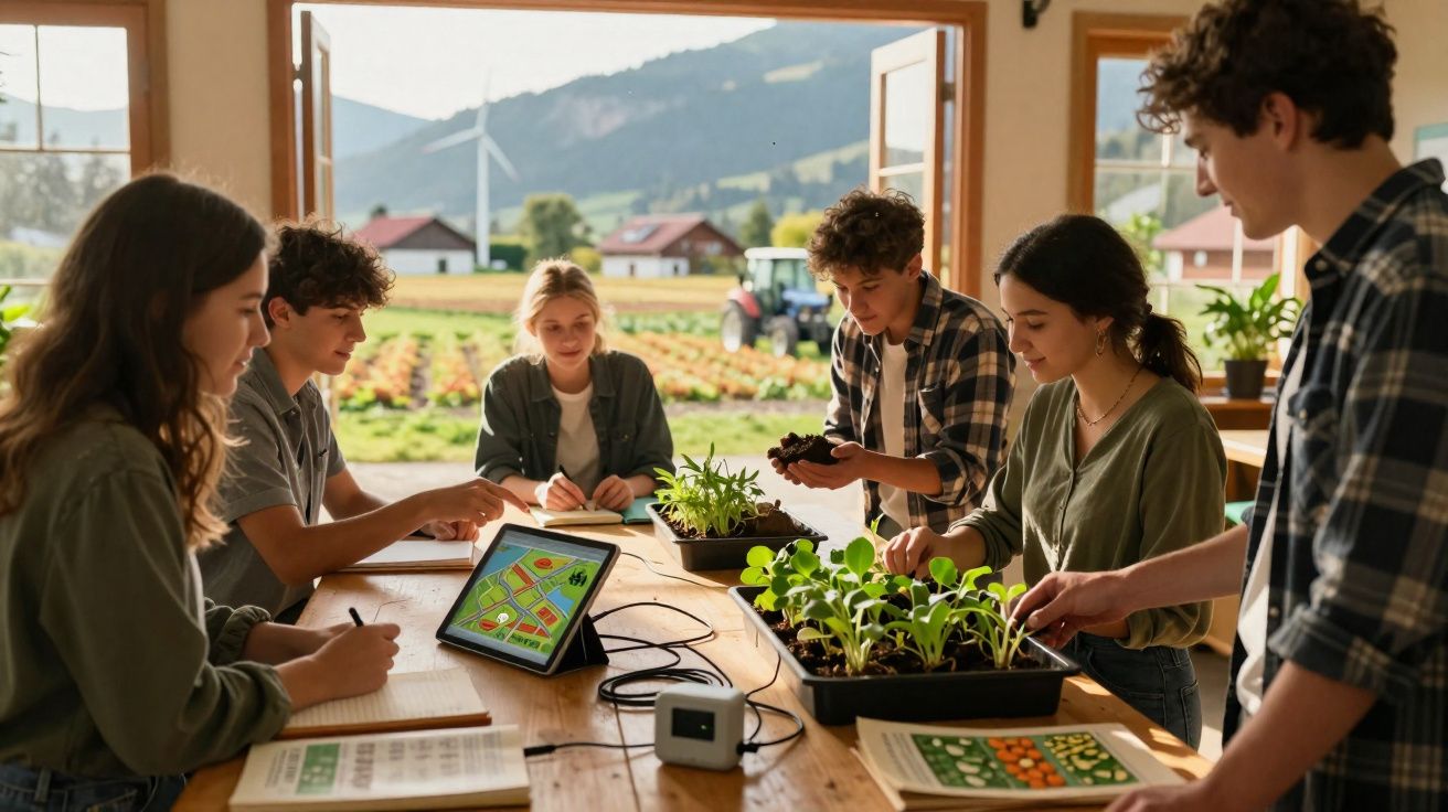 Jovens reunidos à mesa com plantas e tablets, em sala com vista para campo e turbinas eólicas.