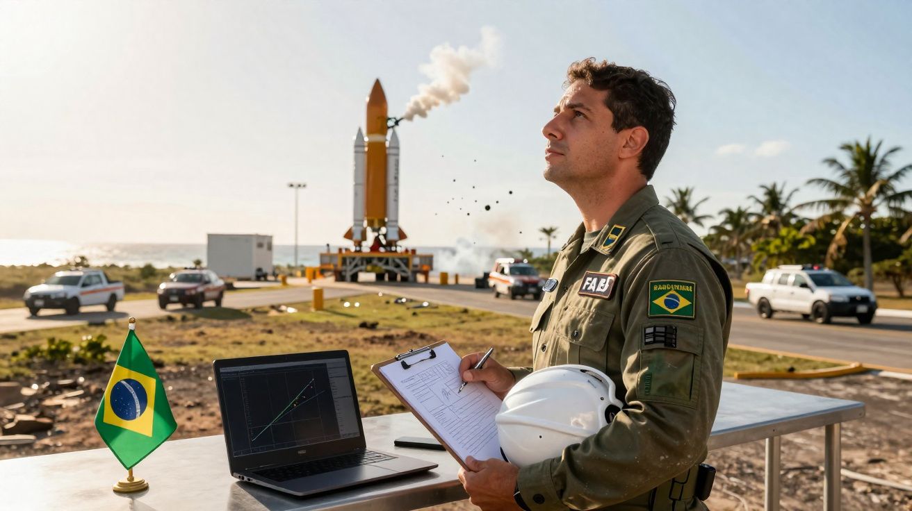 Homem com uniforme militar brasileiro observa lançamento de foguete, com laptop e capacete numa mesa ao ar livre.