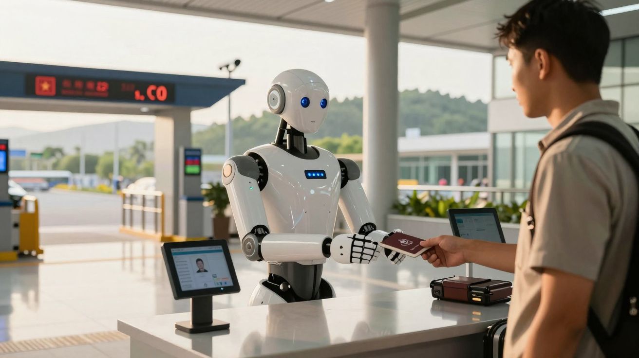 Homem entrega passaporte a robô assistente num balcão moderno de aeroporto.