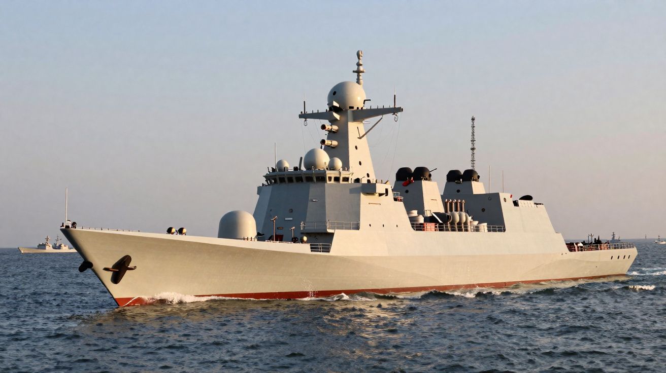 Navio militar cinzento navegando no mar em dia calmo com céu limpo ao entardecer.