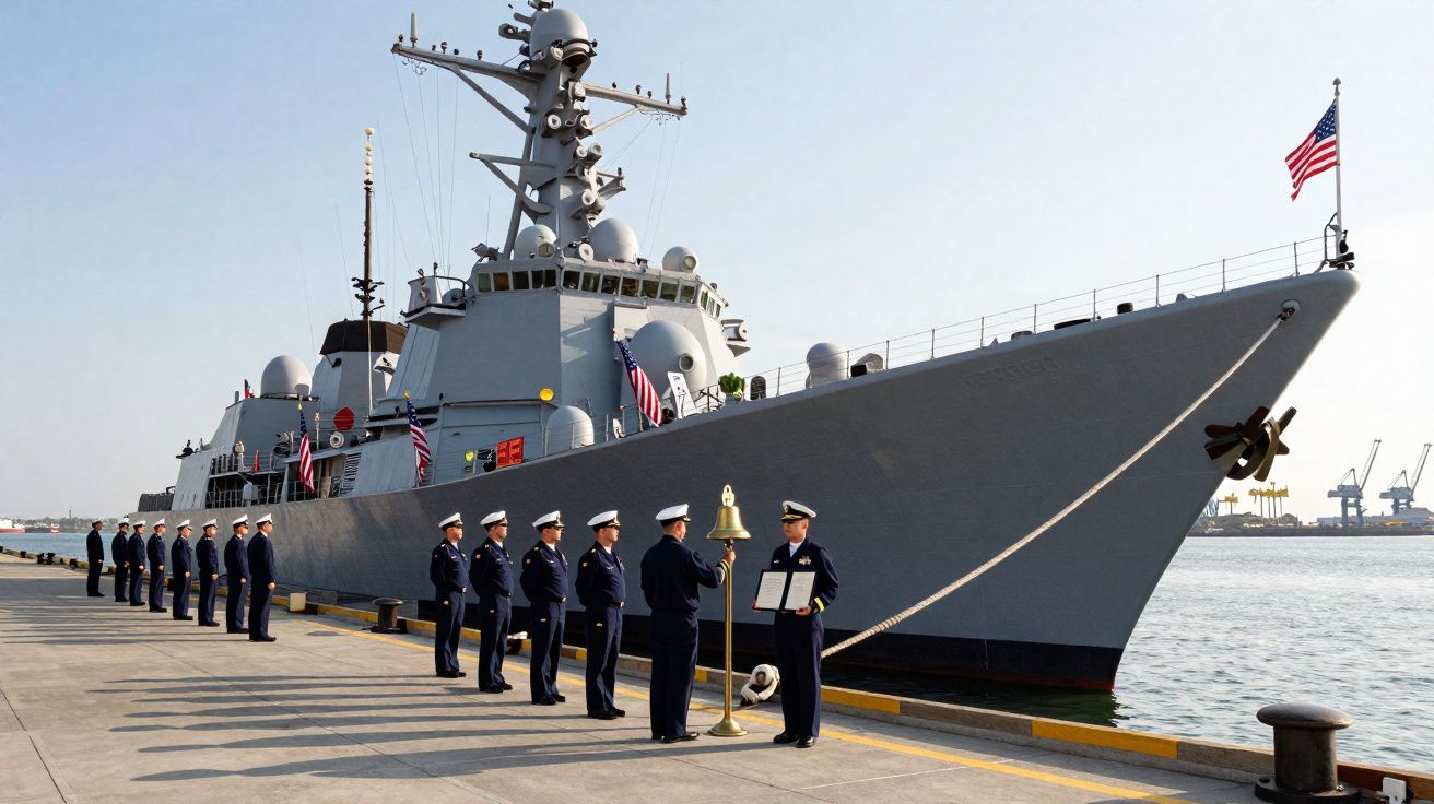 Navio de guerra americano atracado com militares alinhados no cais durante cerimónia naval.