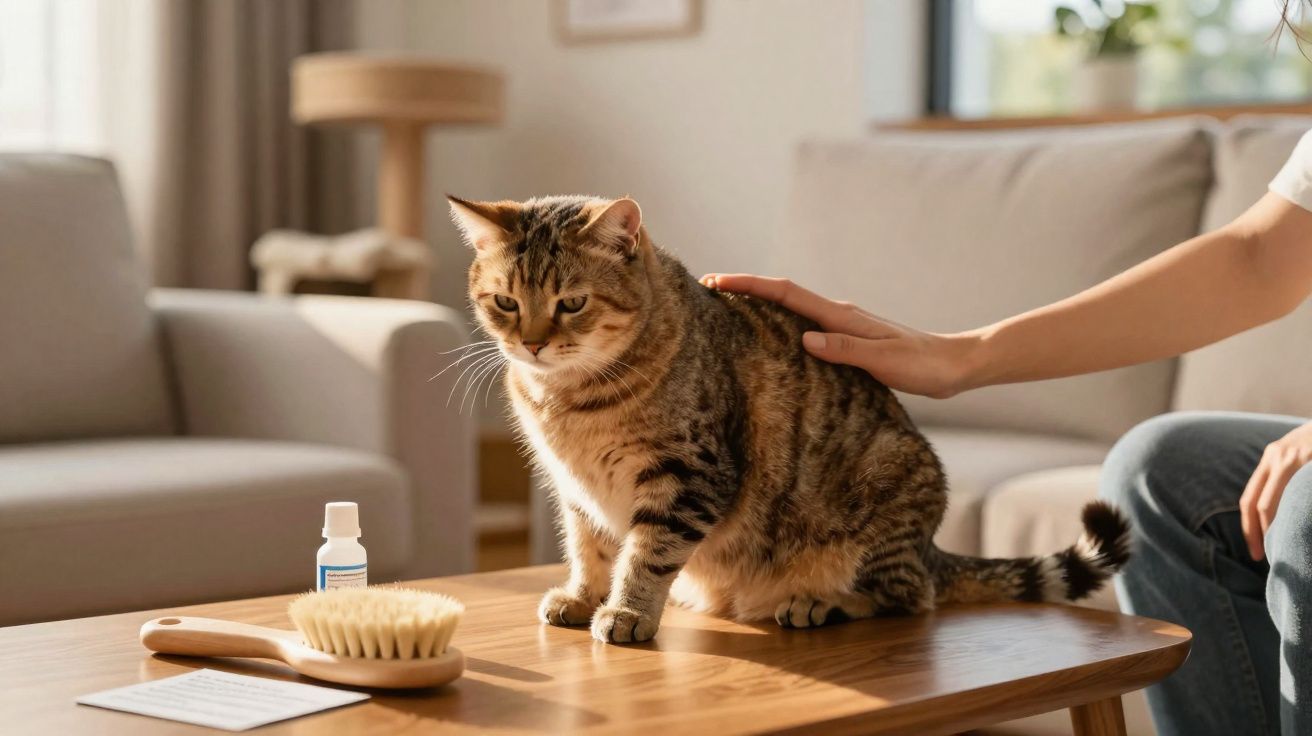 Gato tigrado sentado numa mesa de madeira com uma escova, medicamento e mão de pessoa a tocar-lhe nas costas.