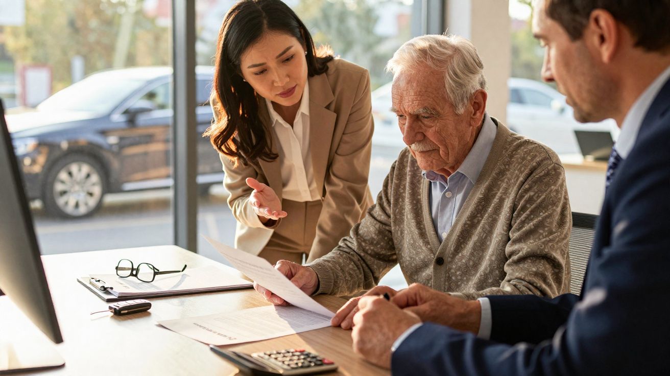 Homem sénior analisa documentos com ajuda de duas pessoas num escritório moderno durante reunião.