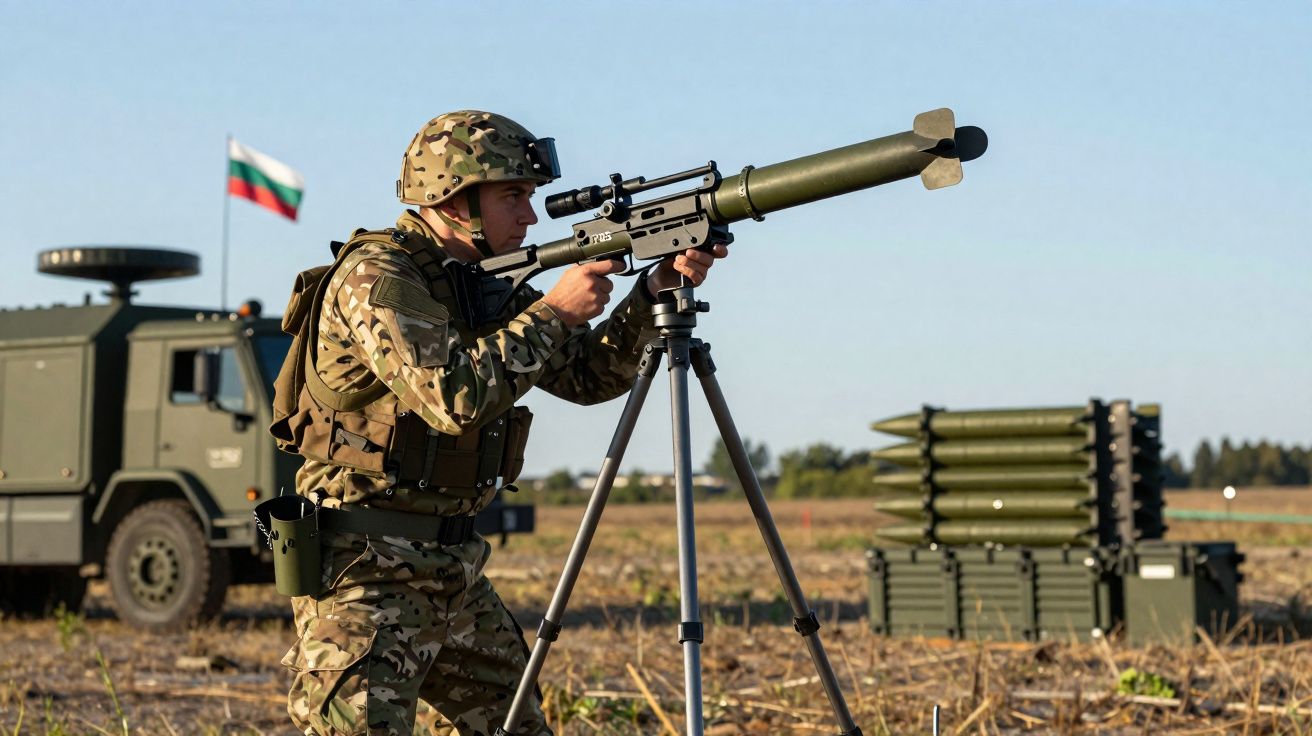 Soldado com uniforme camuflado apontando lançador de mísseis, em campo aberto com viatura militar ao fundo.