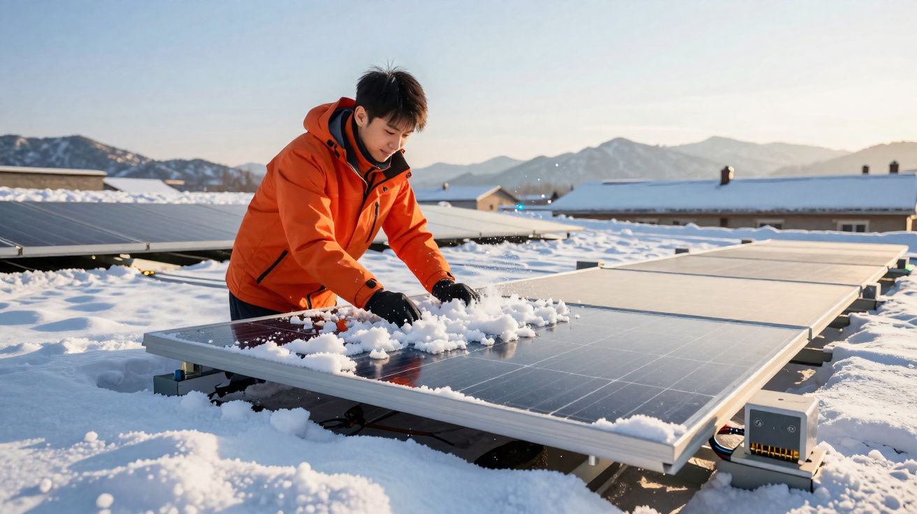Homem de casaco laranja remove neve de painéis solares num telhado coberto de neve ao amanhecer.