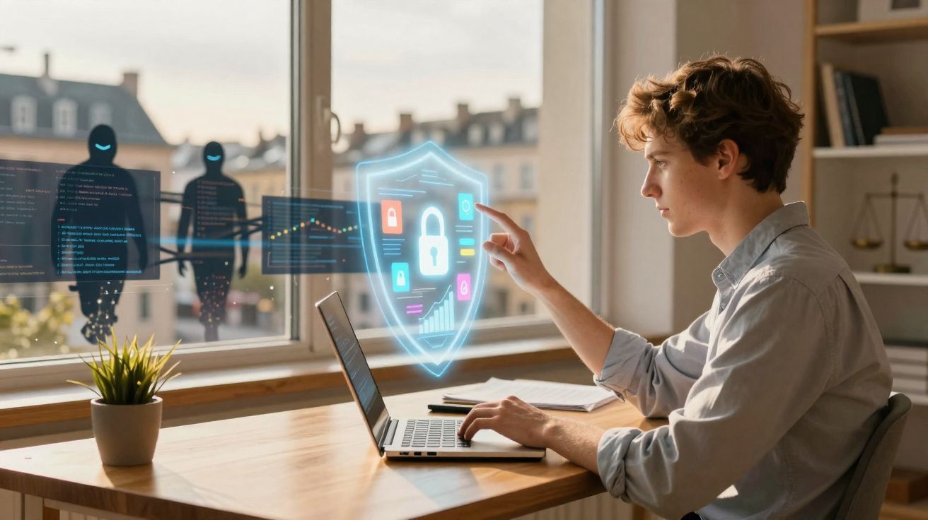 Jovem a usar laptop com gráficos de segurança digital e figuras de hackers na janela.