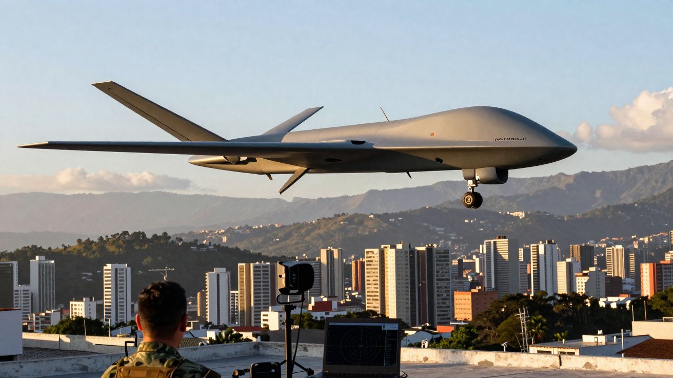 Drone militar cinzento a baixa altitude sobre cidade com montanhas ao fundo, homem a operar equipamentos no primeiro plano.