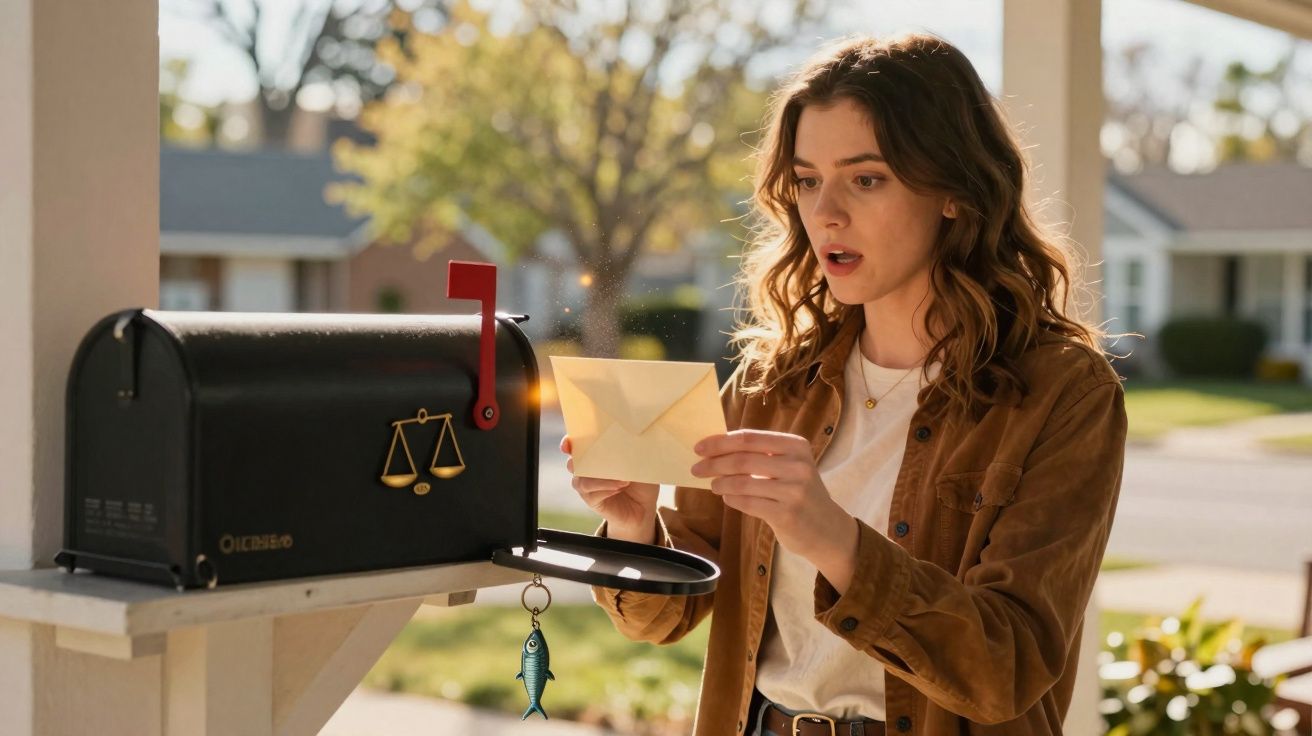 Mulher jovem surpresa ao abrir uma carta retirada de uma caixa de correio preta numa área residencial.