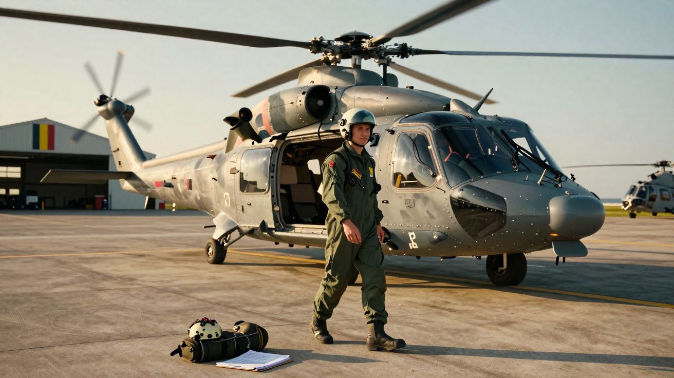 Homem em fato militar e capacete caminha perto de helicóptero cinzento estacionado numa pista de aeroporto.