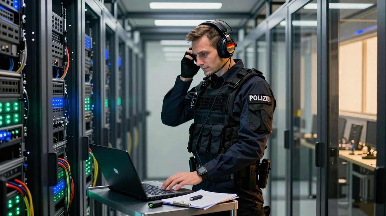 Polícia a usar auscultadores a trabalhar num portátil numa sala de servidores com equipamentos tecnológicos.