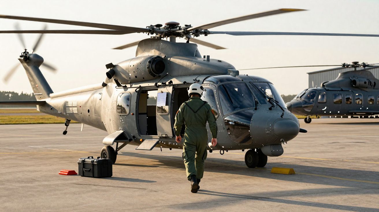 Helicóptero militar cinzento estacionado com piloto de equipamento de voo a aproximar-se na pista de um aeroporto.