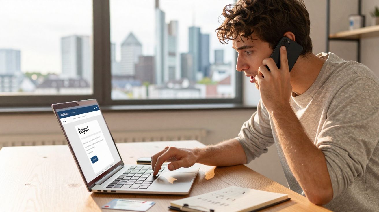Homem jovem a falar ao telemóvel e a usar portátil numa mesa com documentos, com cidade ao fundo pela janela.
