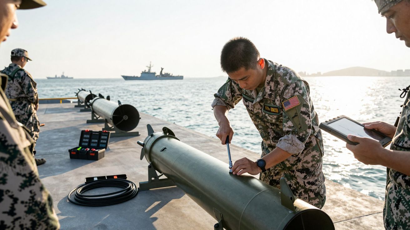 Militares em uniformes camuflados preparam torpedos numa doca com navios de guerra ao fundo.